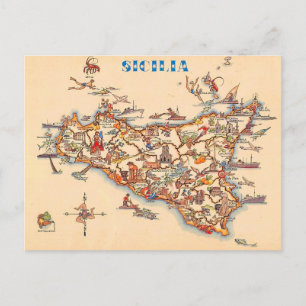 Postale Carte vintage illustrée de la Sicile en carte post