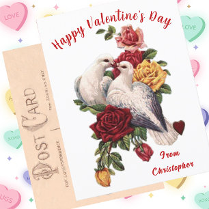 Postale Carte vintage Saint Valentin Doves Florales Coeurs
