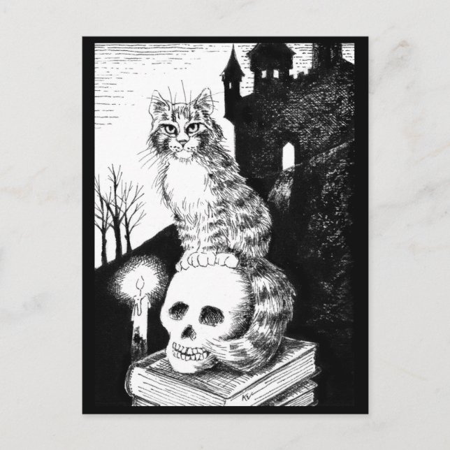 Postale chat noir et blanc Maine Coon Halloween carte post (Devant)