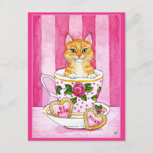 Postale Cute chat tasse de thé Valentines Day carte postal