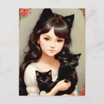Dame de chat Whimsical - Peinture Vintage. Carte p