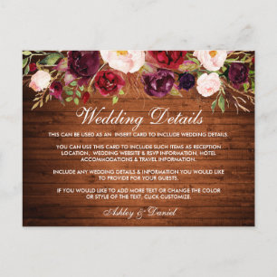 Postale Détails du Mariage rustique Carte en bois de Bourg