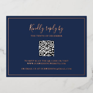 Postale D'invitation À Feuilles D'aluminium Carte RSVP Mariage de code QR bleu marine Foil