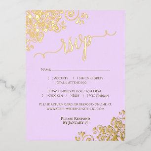 Postale D'invitation À Feuilles D'aluminium Elégant Gold Foil Lilac Purple Wedple Carte RSVP