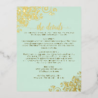 Elegant Mint Green Gold Foil Mariage Détails Carte