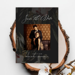 Postale Élégante carte de mariage photo florale noire à co