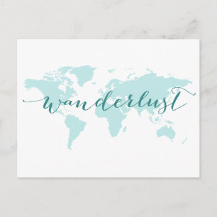 Postale Envie de voyager, carte du monde sarcelle