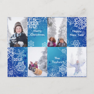 Postale Faire-part 4 Photos Fond de Neige Bleue - Carte de Noël