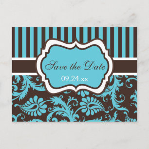 Postale Faire-part Aqua, Blanc, Damas Brown Enregistrer la carte Date