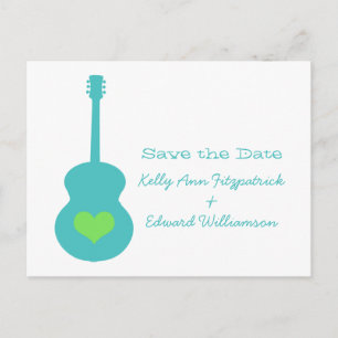 Postale Faire-part Aqua/Green Guitar Heart Enregistrer la date Carte 
