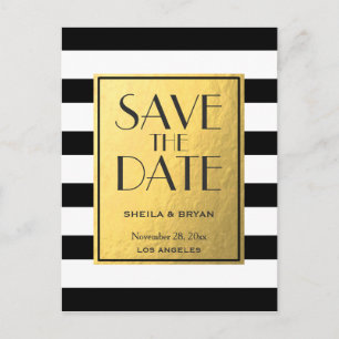 Postale Faire-part Black Stripes Gold Foil Enregistrer la date carte 