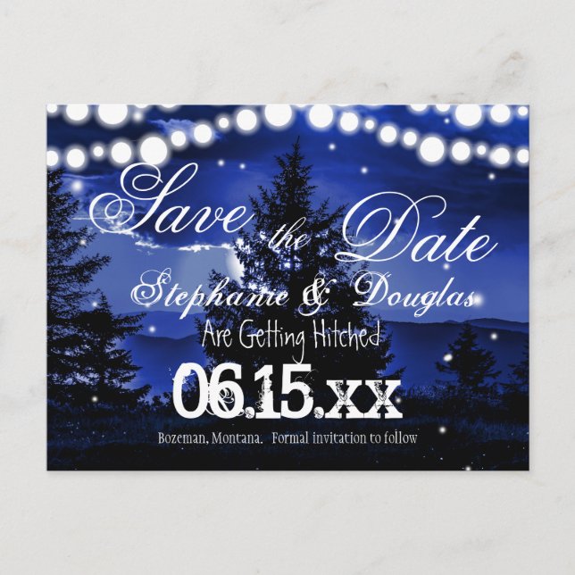 Postale Faire-part Blue Tree Twinkle Lights Enregistrer la date Carte (Devant)
