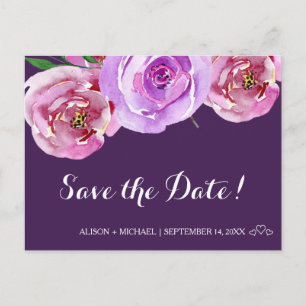 Postale Faire-part Bouquet aquarelle de pivoines prune carte de sauve