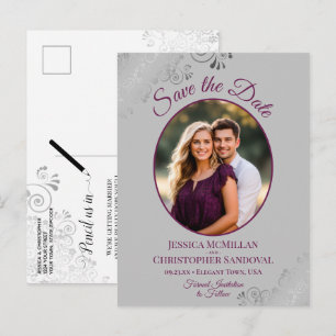 Postale Faire-part Carte de mariage à motifs dentelés Magenta & Gray 