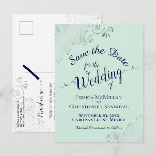 Postale Faire-part Carte de mariage argent et marine pour annoncer la