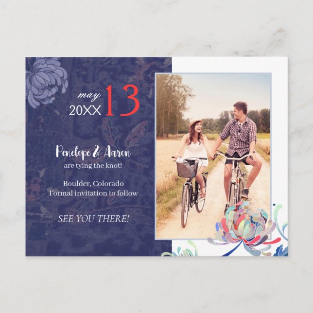 Postale Faire-part Carte de mariage photo à conserver Bleu marine flo (Devant)
