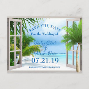 Postale Faire-part Carte de mariage tropicale avec scène de plage pou