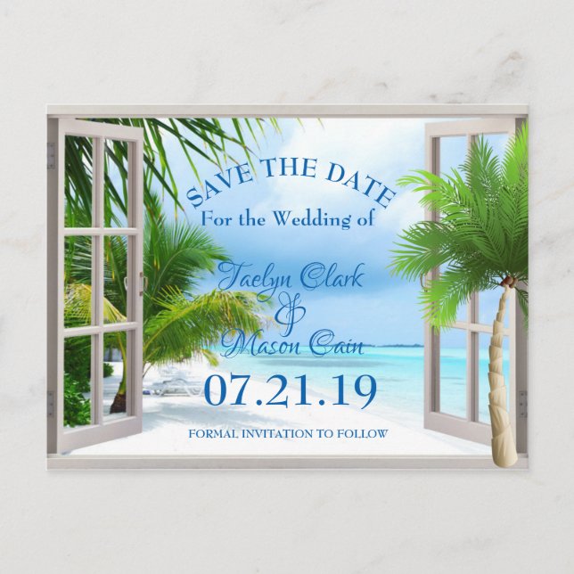 Postale Faire-part Carte de mariage tropicale avec scène de plage pou (Devant)