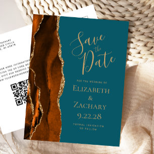 Postale Faire-part Carte de sauvegarde de date Rust Gold Agate Bleu C