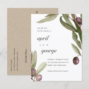 POSTALE FAIRE-PART CARTE DE SAUVEGARDE DE FEUILLES A L'AQUARELLE OLIV
