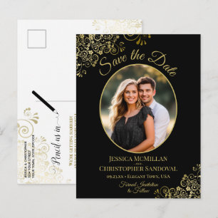 Postale Faire-part Carte de sauvegarde de mariage Noir & Or avec phot