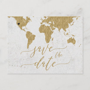 Postale Faire-part Carte du monde en or Destination Enregistrer la da