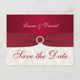 Postale Faire-part Damas rouge et ivoire Enregistrer la date Carte po