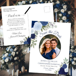 Postale Faire-part Élégantes Roses Bleues & Photo Mariage Carte de Pr