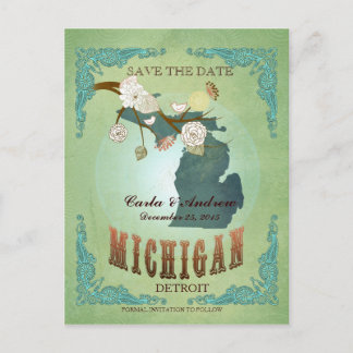 Postale Faire-part Enregistrer La Date - Carte Du Michigan Avec De Be