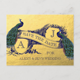 Postale Faire-part Gold Foil Peacock Enregistrer la date Carte postal