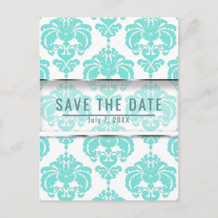 Postale Faire-part Mariage chic damassé sarcelle et blanc, carte de s