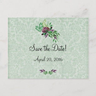 Postale Faire-part Mint Green Damask Enregistrer la date Carte postal