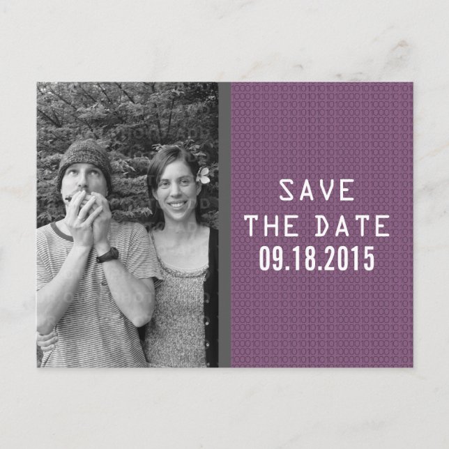 Postale Faire-part Purple Binary Code Photo Enregistrer la date Carte (Devant)