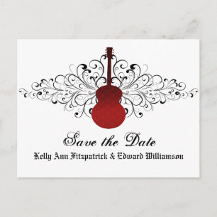 Postale Faire-part Red Swirls Guitar Enregistrer la date Carte postal
