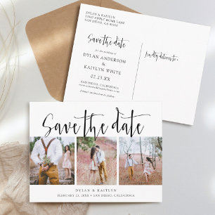 Postale Faire-part Script rustique Trois photos Enregistrer la carte
