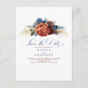 Postale Faire-part Terracotta et carte Épargnez la date florale bleu 