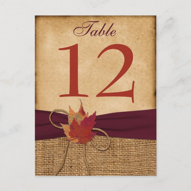 Postale Feuilles d'automne FAUX Burlap Carte Numéro de tab (Devant)