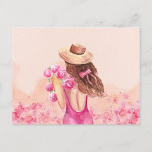 Postale Fille bouquet de fleurs rose esthétique Carte post