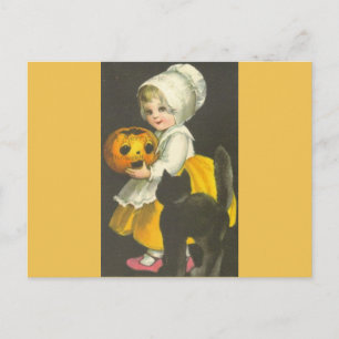 Postale Fille Citrouille Chat noir Vintage Halloween Carte
