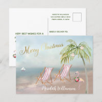 Flamant rose de plage Joyeux budget de Noël Carte