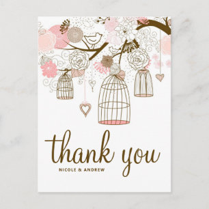 Postale Fleurs et oiseaux roses et Brown Carte de remercie