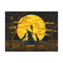 Halloween, carte postale, sorcière, noir, chats, c