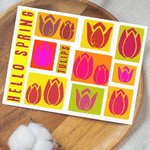 Postale Hello printemps tulips timbre style coloré Carte p