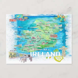 Postale Irlande Carte de voyage illustrée avec routes