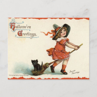 Postale Jolie sorcière vintage sur balai carte de vœux Hal