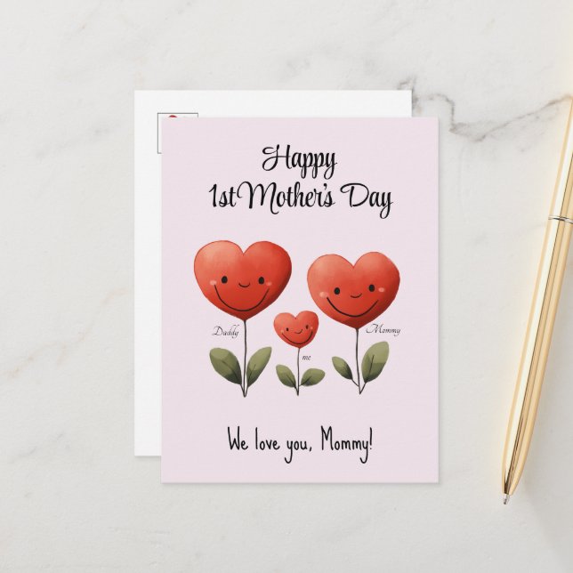 Postale Joyeuse 1ère fête des Mères, Carte de Papa et Bébé (Devant/Arrière en situation)