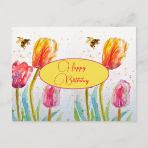 Postale Joyeux Anniversaire Tulipe floral Rose Rouge Carte
