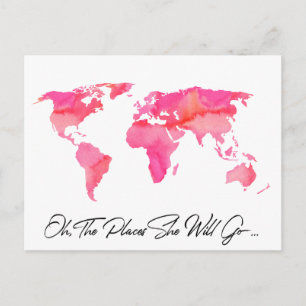 Postale Lieux Où Elle Va Citer Aquarelle Rose Carte Mondia