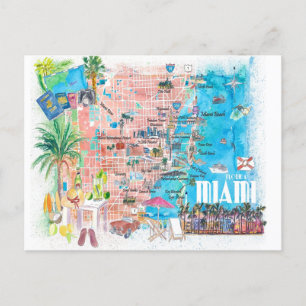 Postale Miami Floride Carte de Voyage illustrée avec les r
