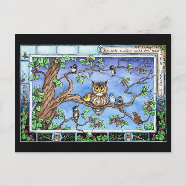 Postale Mini Art Owl Bird Tree Scripture Citation Carte po (Devant)